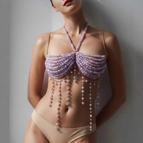 Beaded Body Chain Bra Multilayer Chest Chain-Purple os 1