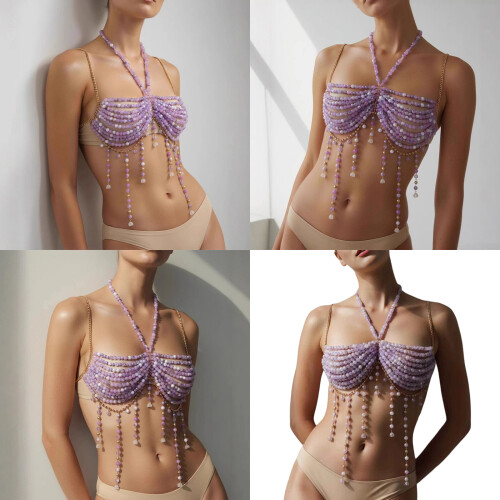 Beaded Body Chain Bra Multilayer Chest Chain-Purple os 2