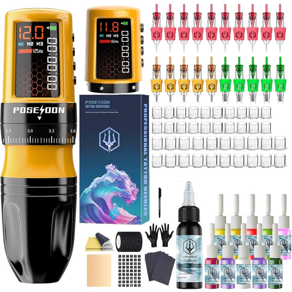 Poseidon Cordless Tattoo Machine Kit With 7 Stroke Settings, Two 1800Mah Batteries, Normal/Dot Modes & Led Display - Professional Portable Tattoo Gun