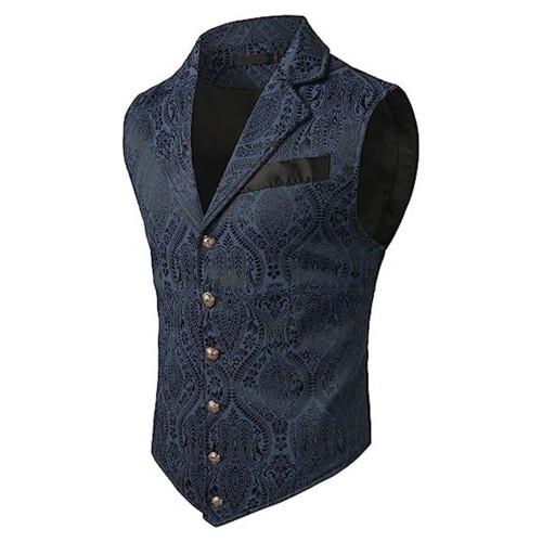 Gothic Waistcoat Victorian Medieval V Neck Button-L Navy Blue
