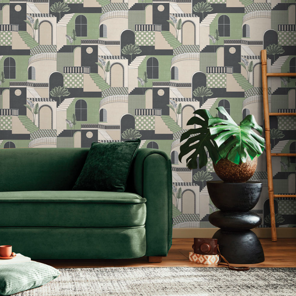 Green Medina Mediterranean Style Wallpaper Quirky Retro 5061103678751