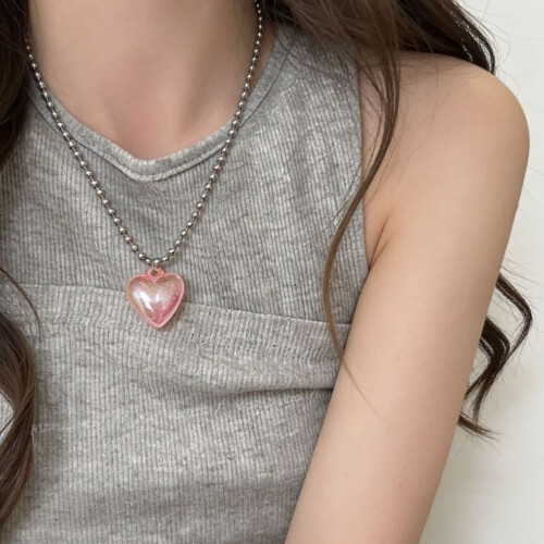 Trendy Multicolor Heart Shaped Necklace Titanium Steel-Pink 2