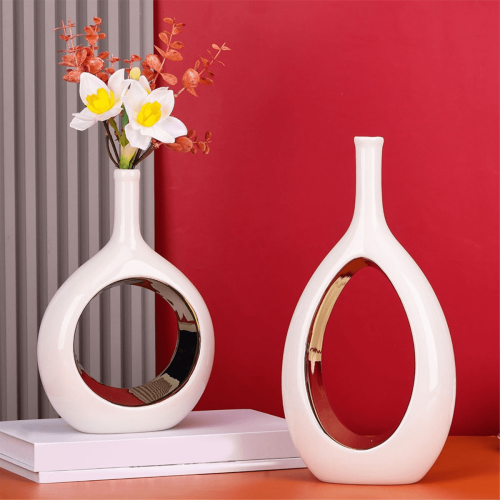 Set van 2 witte en gouden keramische vazen 2