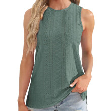 Eyelet Top Women Color Loose Fit Crewneck-Army Green L