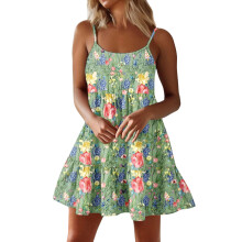 Women Spaghetti Strap Ruffle Tiered Short Flowy-Army Green XS