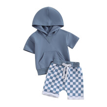 (6-12 Months, Blue) Letní oblečení pro batolata, jednobarevná trička s kapucí, topy a kraťasy, sada 2 kusů
