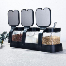Set of 3 Heat-Resistant Glass Seasoning Jar,Flip Lid Seasoning Box with Stainless Steel Spoon Seasoning Box for Spices, Seasoning, Seeds, Grains.