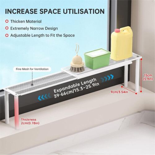 Extendable window shelf for plants. Kitchen sink organizer. Stackable narrow shelves. Kitchen countertop holder. Mesh design. 2