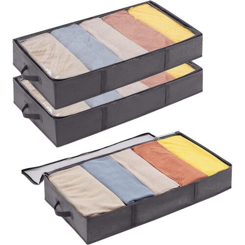3 Pack UnderBed Storage Bags with Lid,Clothes Storage Boxes Foldable Under bed with Handle,Clear Window for Clothes Blankets,100*50*15cm,Grey