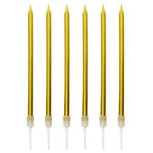 Långa, tunna födelsedagsljus i guld, metallic, 6-pack
