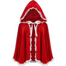 Buntes Haus Samt Rotkäppchen Samtumhang Halloween Weihnachten Cosplay Party Kostümumhang Weiße Spitze Hellrot_Weiße Spitze Hellrot/23.