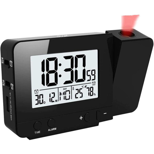 Projection clock, digital alarm clock, LED display projector clock with backlight snooze, 2 alarm sounds (black)