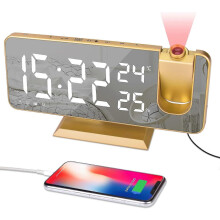 Projector Alarm Clock - Vintage Gold Clock Radio Era Humidity Display Digital Alarm Clock USB Charging Port 180 Rotatable Projection Time