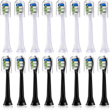 Pacáiste de 16 Chinn Scuab Athsholáthair atá Comhoiriúnach le Scuab Fiacla Leictreach Philips. 8 bpíosa bán agus 8 bpíosa dubh.