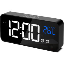 Digital Alarm Clock, LED Digital Clock Alarm Erat/Snooze/2 Alarms/12/24 Hours/USB Charging Port/16 Songs (Black) (Black)