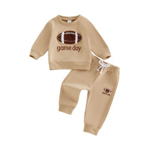 (2-3 Years, Khaki) Toddler Baby Fall Winter Outfit Fashionable Football Embroidery Long Sleeve Pullover Sweatshirt with Pants 2 Pcs Set