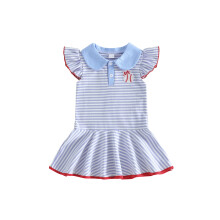 (4-5 Years, Blue) Toddler Baby Girls Striped Dress Summer Fashionable Baseball Embroidery Flying Sleeve Collared Dress