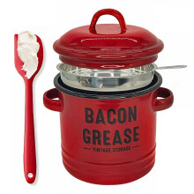 (Red) Contenitore per grasso di pancetta con colino e spatola in silicone, grande barattolo smaltato per grassi da fattoria