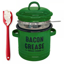 (Green) Contenitore per grasso di pancetta con colino e spatola in silicone, grande barattolo smaltato per grassi da fattoria