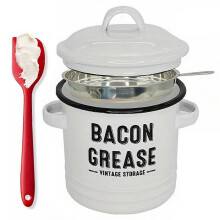 (White) Contenitore per grasso di pancetta con colino e spatola in silicone, grande barattolo smaltato per grassi da fattoria