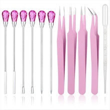 Ensemble de 11 outils de moulage en résine. Aiguille à mélanger. Cuillère (rose et rouge rosé).