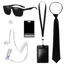 25-26 Secret Agent Outfit Accessories With Black Eyeglasses Earpiece And Neck Tie Halloween Secret Agent Costume For Adult Kid