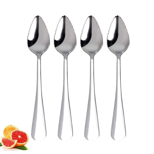 Grapefruit spoon, stainless steel dessert spoon, half-serrated citrus fruit spoon, retro kitchen set.