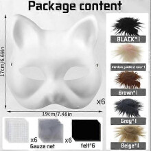 Cat Mask with Fur and Mesh Eye, Blank Paper Masks compatible DIY, White Painting Paper Masks, Cat Mask compatible DIY Halloween Mardi Gras Party_Blac