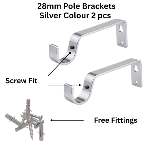 (Silver) Metal Curtain Pole Bracket 28mm 2pcs 2