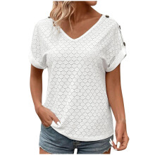 Women V Neck Eyelet Top T Shirts Short Sleeve Tops-White XXL