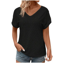 Women V Neck Eyelet Top T Shirts Short Sleeve Tops-Black L