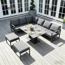 Alivio 8-Seater Iron Garden Furniture Set, L-Shape Modular Metal Sofa with Adjustable Table &amp; Ottomans (Grey)
