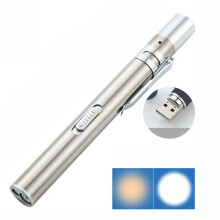 Flashlight with dual light sources (yellow and white) - LED stainless steel morning inspection light (for oral health checks).
