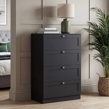 (Black) 4 Drawer Bedside Cabinet Chest, Vida Design Altino, Modern Nightstand Wooden Storage Chest for Bedroom