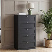 (Black) 5 Drawer Bedside Cabinet Chest, Vida Design Altino, Modern Nightstand Wooden Storage Chest for Bedroom