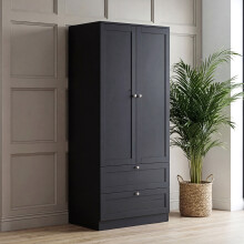 (Black) 2 Door 2 Drawer Bedroom Wardrobe – Modern Storage Closet with Hanging Rail & Drawers