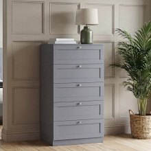 (Grey) 5 Drawer Bedside Cabinet Chest, Vida Design Altino, Modern Nightstand Wooden Storage Chest for Bedroom