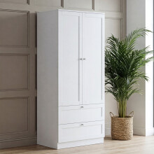(White) 2 Door 2 Drawer Bedroom Wardrobe – Modern Storage Closet with Hanging Rail & Drawers