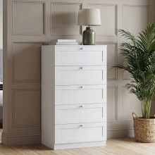 (White) 5 Drawer Bedside Cabinet Chest, Vida Design Altino, Modern Nightstand Wooden Storage Chest for Bedroom
