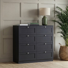 (Black) 8 Drawer Bedside Cabinet Chest, Vida Design Altino, Modern Nightstand Wooden Storage Chest for Bedroom