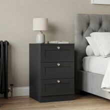(Black) 3 Drawer Bedside Cabinet Table, Vida Design Altino, Modern Nightstand Wooden Storage Chest for Bedroom