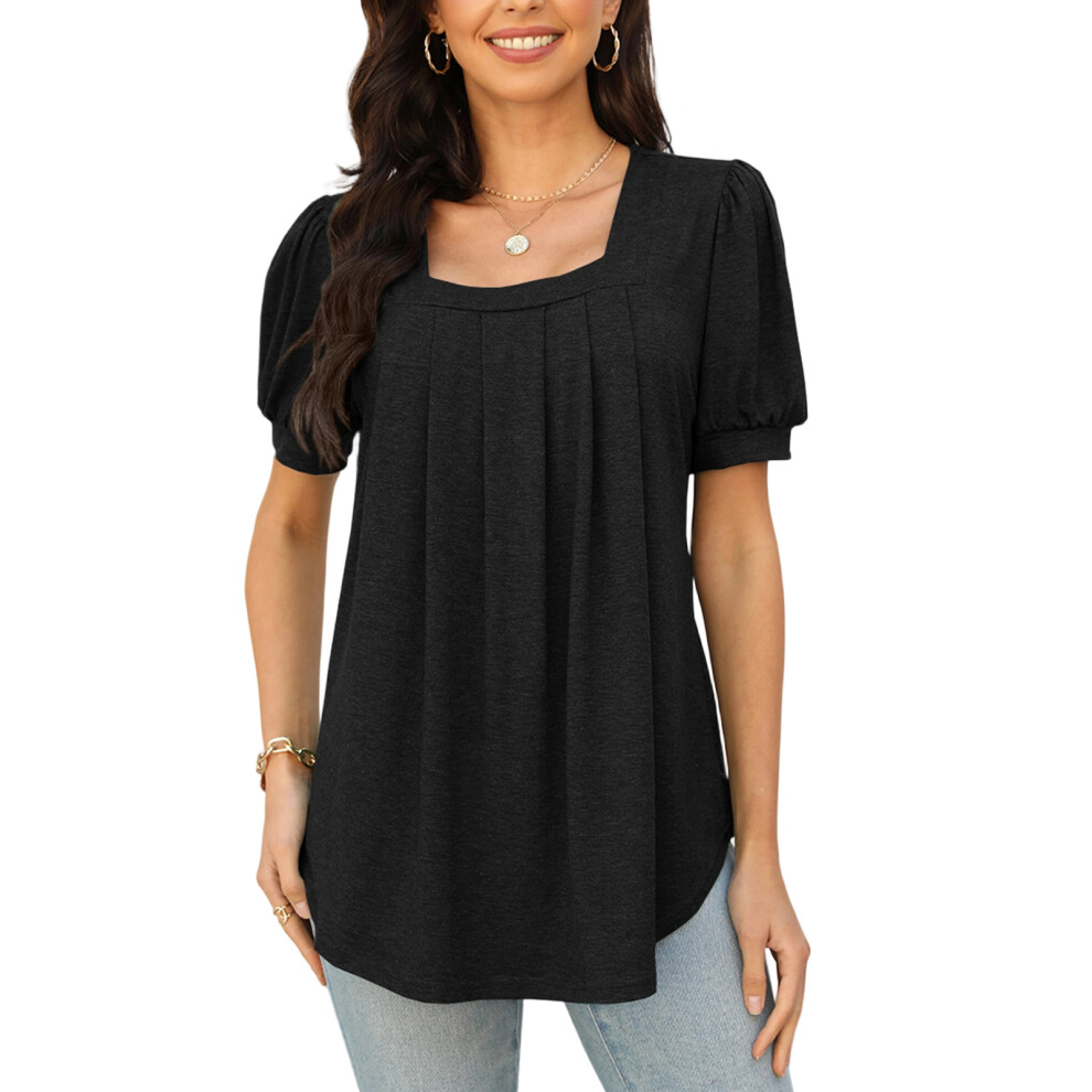 Black Women's Summer Short-Sleeved Ruffled Square Neck Shirt- M