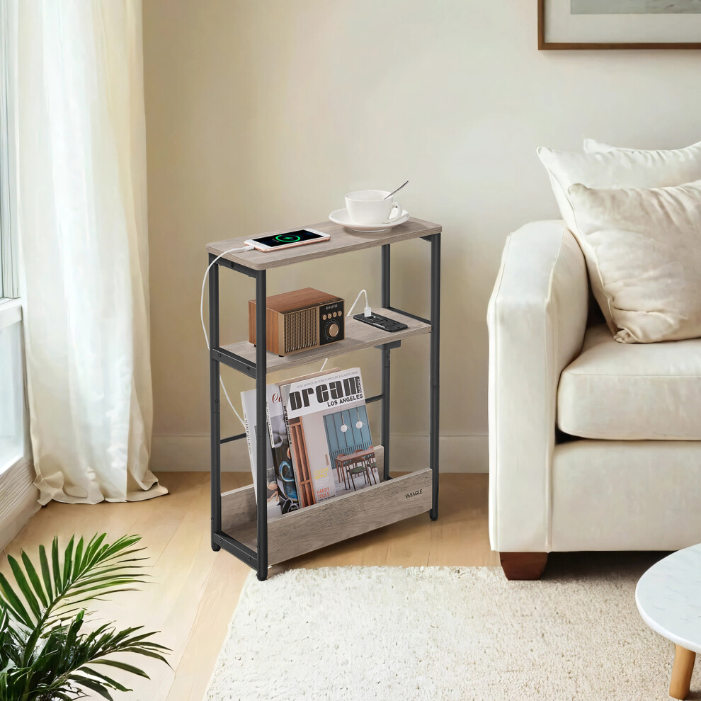 Vasagle (Heathergreige,Inkblack) Side Table With Charging Station, 3-Tier Narrow End Table, Magazine Rack, For Living Room, Bedroom, Study