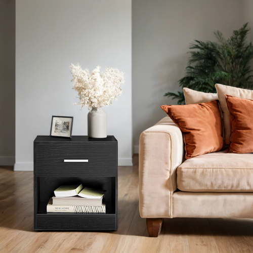 VASAGLE (Black) Bedside Table, Side Table with Drawer, Handle, Open Compartment, Classic