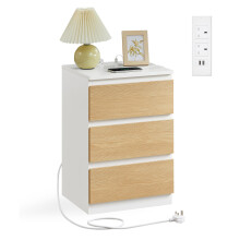 (Cloud White and Almond Yellow) Nightstand with Charging Station, Bedside Table, Side End Table with 3 Drawers, 2 AC Outlets, 2 USB Ports, for Bedroom