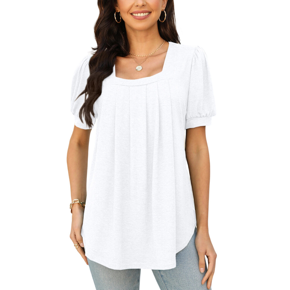 White Women's Summer Short-Sleeved Ruffled Square Neck Shirt- M