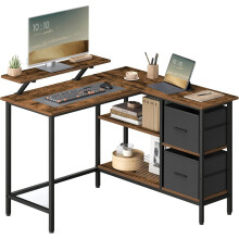 (Rustic Brown) L-Shaped Desk with 2 Spacious Drawers, Gaming Desk with Monitor Stand, Corner Desk