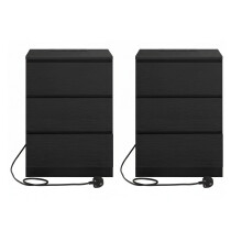 (Ebony Black) Set of 2 Nightstands with Charging Station, Bedside Tables, Side End Tables with 3 Drawers, for Bedroom