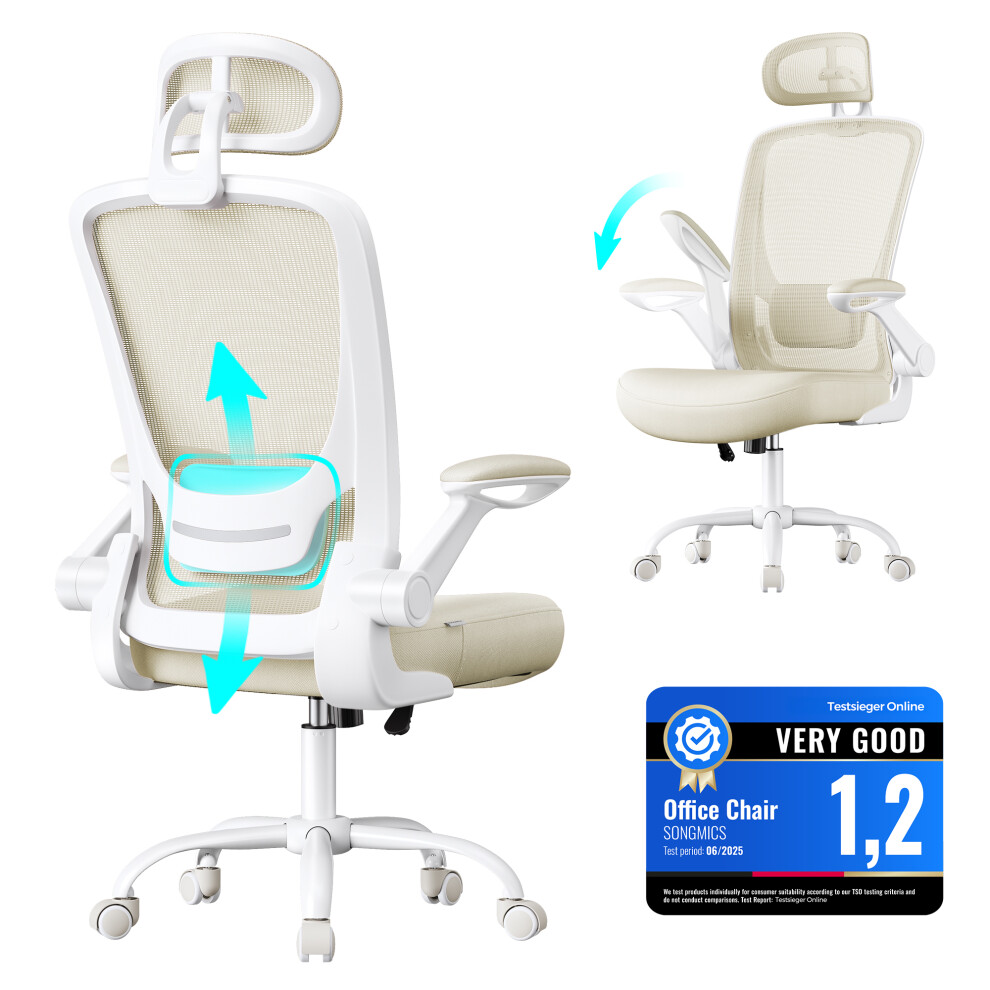 Songmics (Tan) Office Chair, Ergonomic Mesh Chair With Mesh Back For Desk, Foldable Armrests