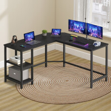 (Ebony Black) L-Shaped Writing Desk, 2 Storage Shelves, Computer Table for Home Office, Space-Saving